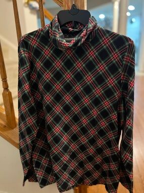 Talbots Black Plaid Turtleneck Top with Red and Green Accent